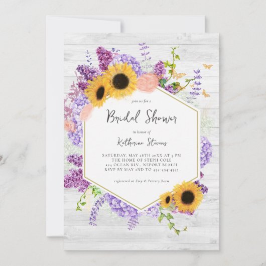 ひまわり薄紫六角素朴木ブライダルシャワー 招待状 (正面)