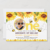 ひまわり蜂のハート蜂の日の写真1歳の誕生日 招待状 (正面)