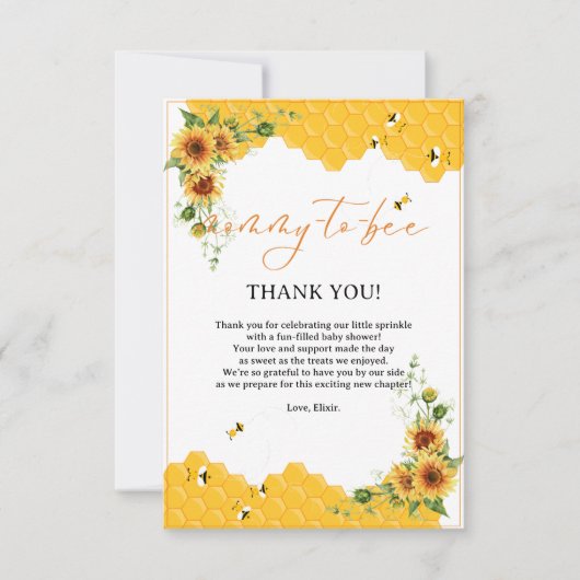 ひまわり蜂の母と蜂の赤ちゃんシャワー サンキューカード (正面)