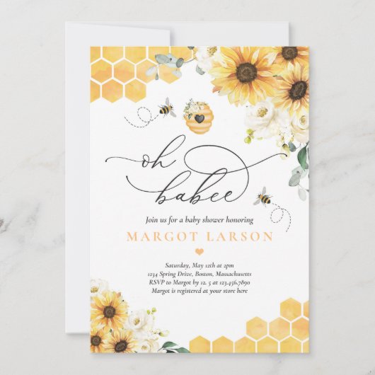 ひまわり蜂ベイビーシャワーOh Babeeベイビーシャワー 招待状 (正面)