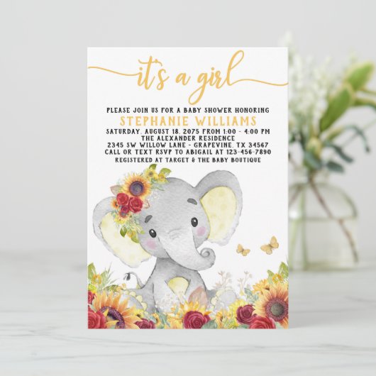 ひまわり蝶の象の赤ちゃんシャワー 招待状 (スタンド正面)