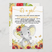 ひまわり蝶の象の赤ちゃんシャワー 招待状 (正面/裏面)