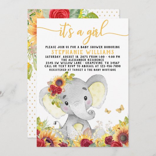 ひまわり蝶の象の赤ちゃんシャワー 招待状 (正面/裏面)