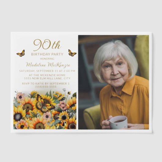 ひまわり蝶ウィメンズ90誕生日 ベラム紙招待状 (正面)