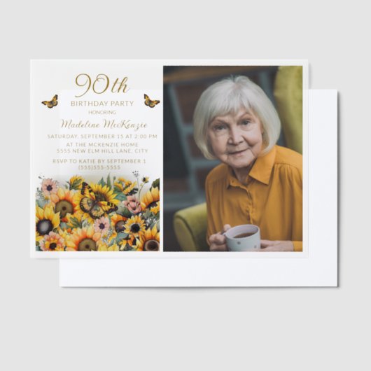 ひまわり蝶ウィメンズ90誕生日 ベラム紙招待状 (オフセット)