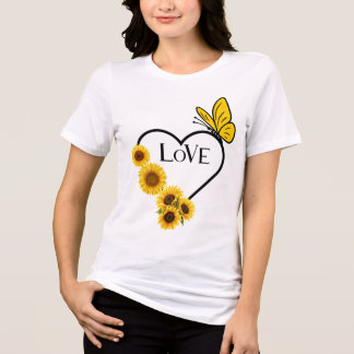 ひまわり蝶ハートラブ美学女性Tシャツ トライブレンドTシャツ