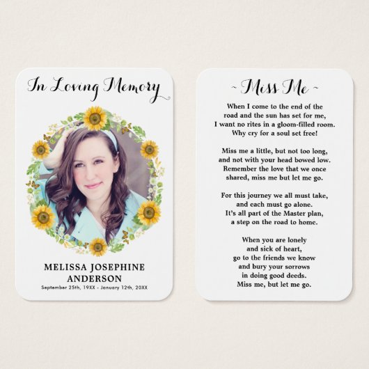 ひまわり記念写真葬式祈りの言葉カード (正面&裏面)