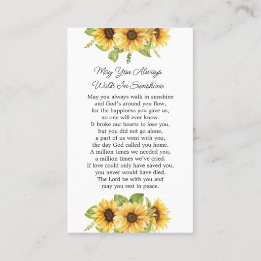 ひまわり記念写真葬式祈りの言葉カード 名刺 (裏面)
