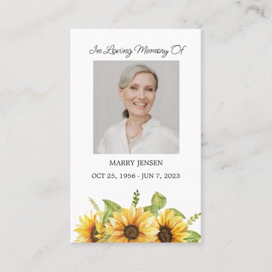 ひまわり記念写真葬式祈りの言葉カード 名刺 (正面)