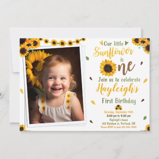 ひまわり誕生日の招待状Photo First Birthday 招待状 (正面)