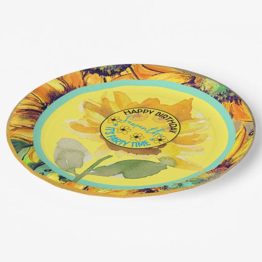 ひまわり誕生日ガールイエローブラック ペーパープレート (アングル)