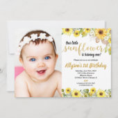 ひまわり誕生日パーティー黄色の写真の女の子 招待状 (正面)