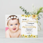 ひまわり誕生日パーティー黄色の写真の女の子 招待状 (スタンド正面)