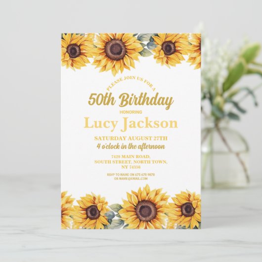 ひまわり誕生日50thフローラホワイトウォメンズ 招待状 (スタンド正面)
