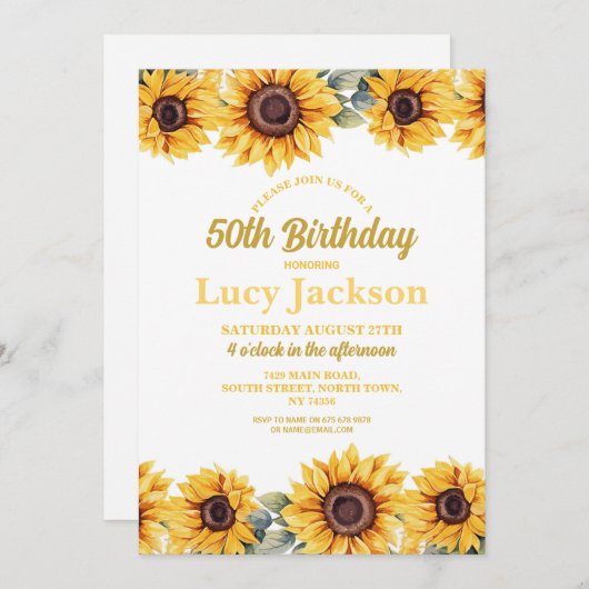 ひまわり誕生日50thフローラホワイトウォメンズ 招待状 (正面/裏面)