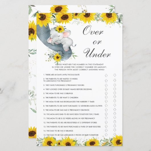 ひまわり象の赤ちゃんシャワーの上またはゲーム中 (正面/裏面)