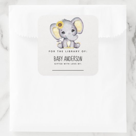 ひまわり象ベビーシャワー蔵書票 スクエアシール (バッグ)