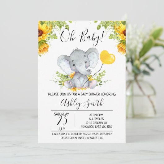 ひまわり象男女兼用の赤ちゃんシャワー 招待状 (スタンド正面)
