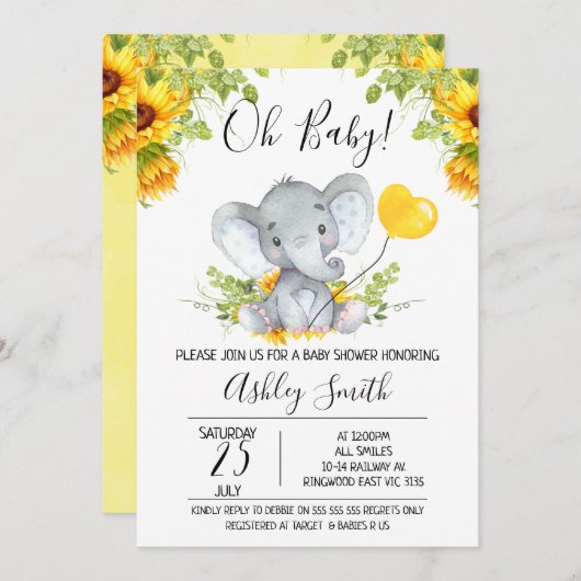 ひまわり象男女兼用の赤ちゃんシャワー 招待状 (正面/裏面)