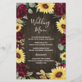 ひまわり赤いバラ素朴ズウッド結婚のメニューカード
