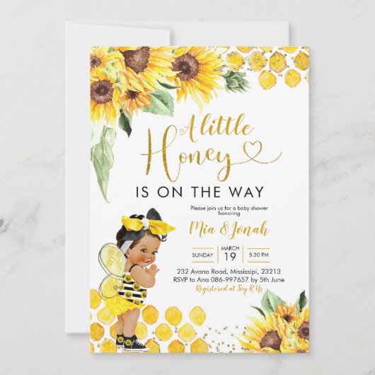 ひまわり赤ちゃんシャワーの途中に小さな蜂蜜がある 招待状 (正面)