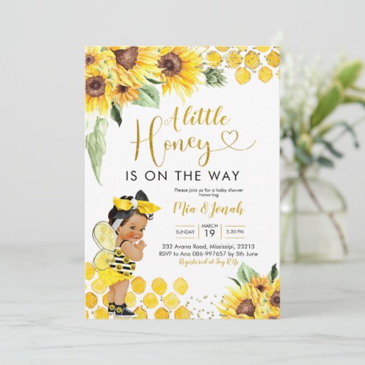 ひまわり赤ちゃんシャワーの途中に小さな蜂蜜がある 招待状 (スタンド正面)