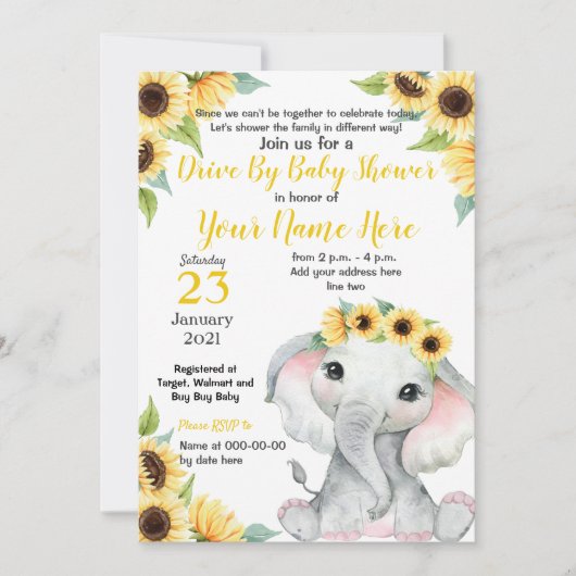 ひまわり赤ちゃんシャワーエレファントイーローガールカード 招待状 (正面)