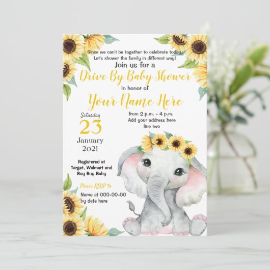 ひまわり赤ちゃんシャワーエレファントイーローガールカード 招待状 (スタンド正面)