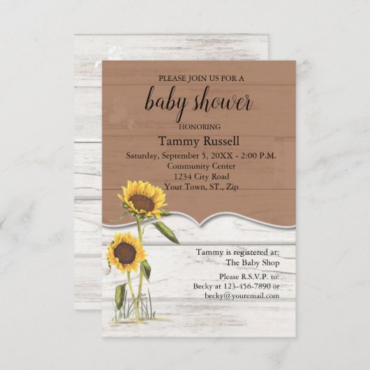 ひまわり赤ちゃんシャワーホワイトウォッシュバーンドウッド 出欠カード (正面/裏面)