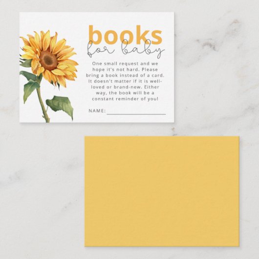 ひまわり赤ちゃんシャワー中立ジェンダーブックリクエスト エンクロージャーカード (正面/裏面)