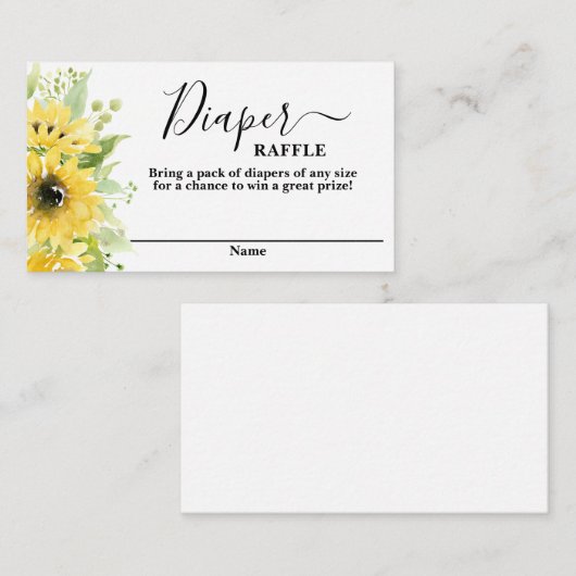 ひまわり赤ちゃんシャワー女の子おむつラッフルカード エンクロージャーカード (正面/裏面)