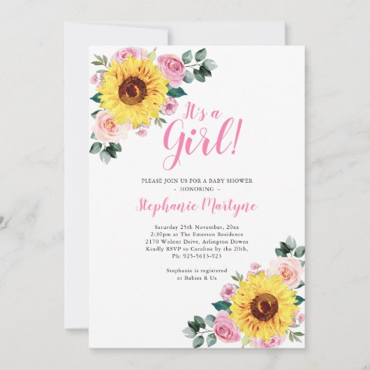 ひまわり赤ちゃんシャワー女の子ピンク 招待状 (正面)