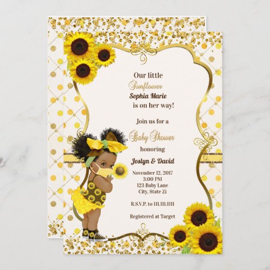 ひまわり赤ちゃんシャワー招待ひまわりマスク 招待状 (正面/裏面)