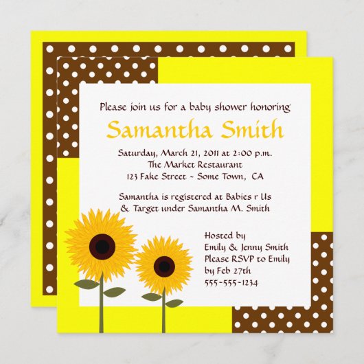 ひまわり赤ちゃんシャワー招待状 – 黄&茶 招待状 (正面/裏面)