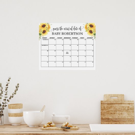 ひまわり赤ちゃんシャワー推定期日カレンダー ポスター (キッチン)