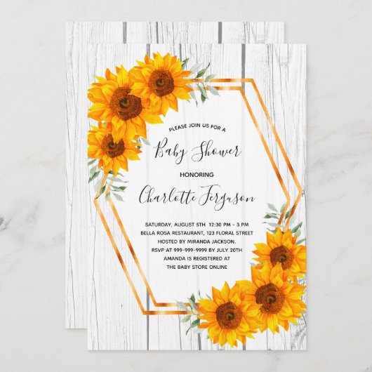ひまわり赤ちゃんシャワー素朴な幾何学的金ゴールド 招待状 (正面/裏面)