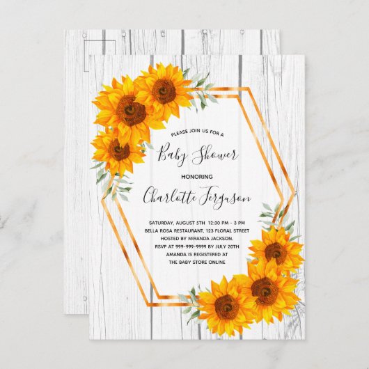 ひまわり赤ちゃんシャワー素朴な木製の招待 ポストカード (正面/裏面)
