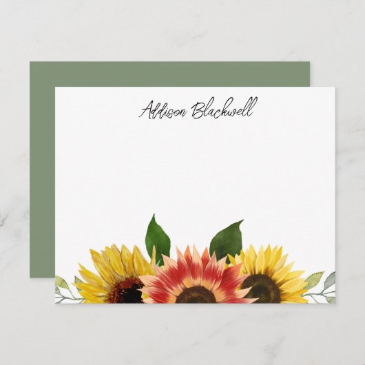 ひまわり赤と黄パーソナライズされた色の名前 ノートカード (正面/裏面)