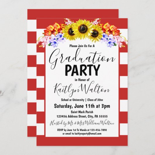 ひまわり赤ストライプ卒業パーティー 招待状 (正面/裏面)