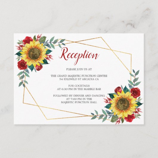 ひまわり赤フローラ幾何学結婚披露宴 エンクロージャーカード (正面)