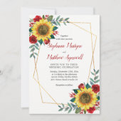 ひまわり赤モダンフローラ幾何結婚の 招待状 (正面)