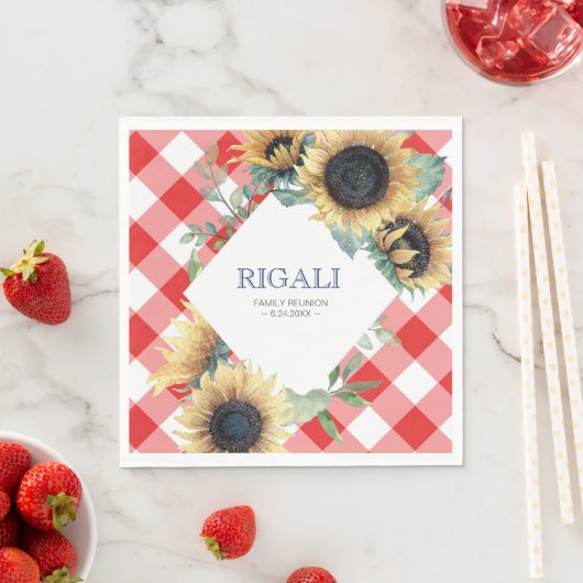 ひまわり赤素朴ギンガムファミリー懇親会 スタンダードランチョンナプキン (インサイチュ)