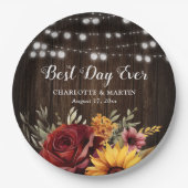 ひまわり赤素朴ローズカントリー結婚ウッド ペーパープレート (正面)