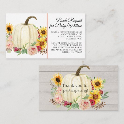 ひまわり赤面ピンクフローラカボチャ赤ちゃんシャワー エンクロージャーカード (正面/裏面)