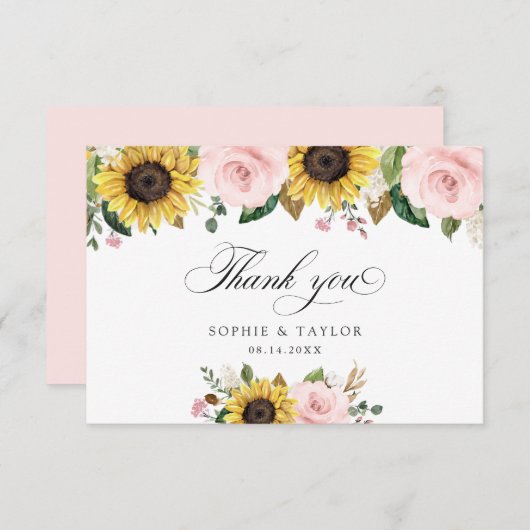 ひまわり赤面ピンク結婚フローラサンキュー サンキューカード (正面/裏面)