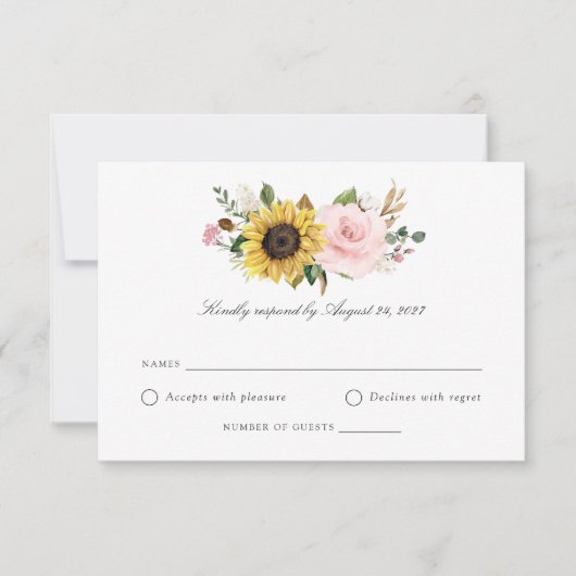 ひまわり赤面フローラグリーンリーウェディングRSVPカード 招待状 (正面)