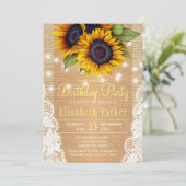 ひまわり農家のバーラップとレースの誕生日パーティー 招待状 (スタンド正面)