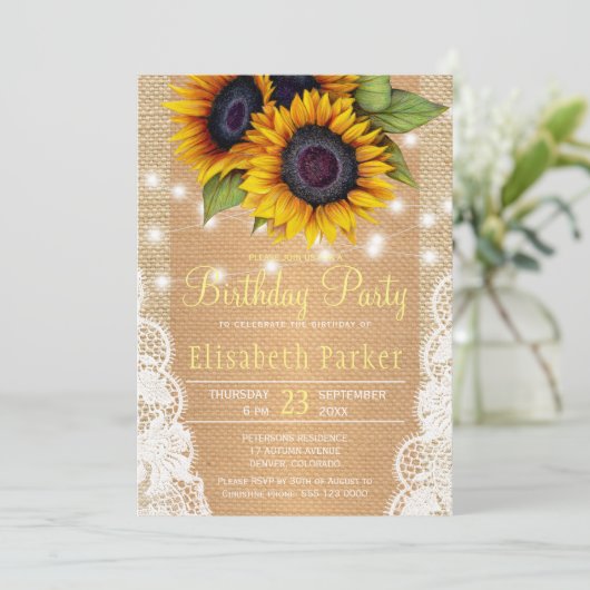 ひまわり農家のバーラップとレースの誕生日パーティー 招待状 (スタンド正面)