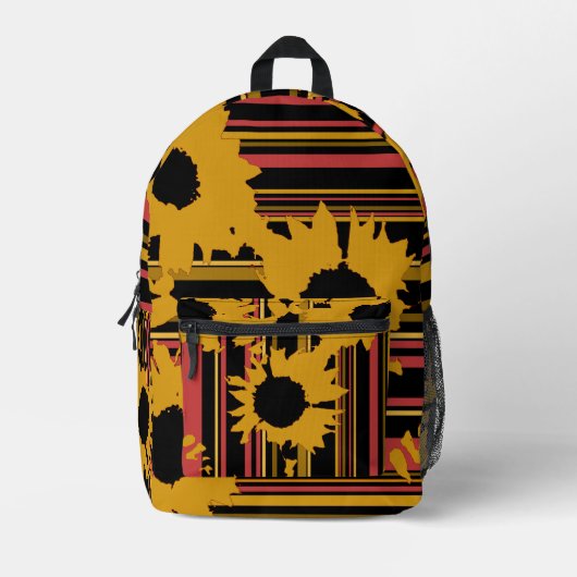 ひまわり金ゴールドオレンジ色ストライプ黒い模様 プリントバックパック (正面)