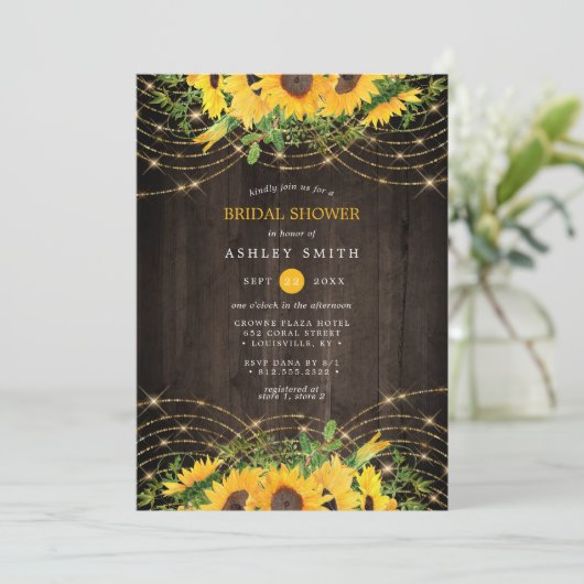 ひまわり金ゴールドストリングライト素朴ブライダルシャワー 招待状 (スタンド正面)